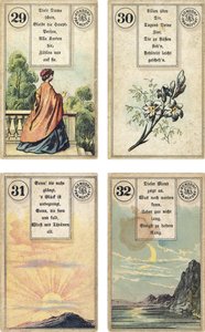 Edición alemana del mazo de cartomancia francés Lenormand: La Dama, Los Lirios, El Sol, La Luna, publicado por Dondorf, Frankfurt, siglo XIX