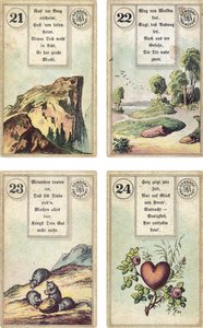 Edición alemana del mazo de cartomancia francés Lenormand: La Montaña, El Camino, Los Ratones, El Corazón, publicado por Dondorf, Frankfurt, siglo XIX de French School