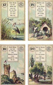 Edición alemana del mazo de cartomancia francés Lenormand: La Cigüeña, El Perro, La Torre, El Jardín, publicado por Dondorf, Frankfurt, siglo XIX