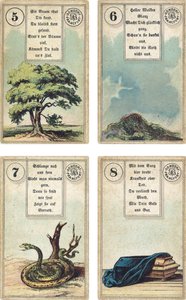 Edición alemana del mazo de cartomancia francés Lenormand: El Árbol, Las Nubes, La Serpiente, El Ataúd, publicado por Dondorf, Frankfurt, siglo XIX