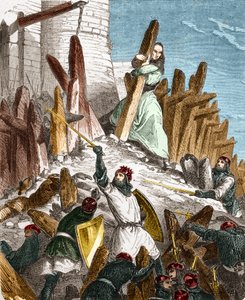 Guerra contra Hugues du Puiset por Luis el Gordo: Ataque del Castillo de Puiset (ubicado en el departamento de Eure-et-Loir) por las fuerzas del Rey de Francia LUIS VI el Gordo en 1118. Grabado en “Histoire De France En Cent Paintings” por Paul Lehugeur de French School