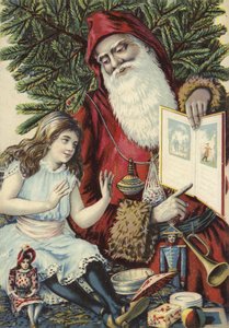 Niña siendo mostrada un libro ilustrado por Papá Noel de French School