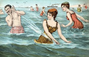 Chicas salpicando a un hombre en el mar de French School