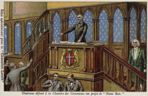 Gladstone defendiendo su política de Autonomía Irlandesa en la Cámara de los Comunes de French School