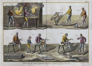 Soplado de vidrio, ilustración de la Encyclopedie des Sciences et Metiers por Denis Diderot (1713-84) grabado por Robert Benard (fl.1734) publicado c.1770 de French School