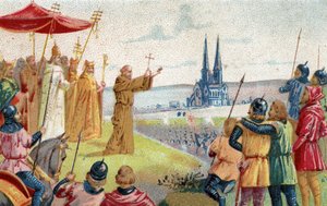 ¡Dios lo quiere! Pedro el Ermitaño predicando la Cruzada (1095 - 1099) Cromolitografía de finales del siglo XIX. de French School