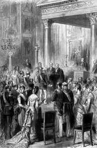 Bodas de oro del emperador alemán Guillermo I (1797-1888) y la emperatriz Augusta (1811-1890): ceremonia religiosa en la capilla del Palacio Imperial en Berlín, junio de 1879. Grabado en “Le Monde Illustré” n°1162 del 5 de julio
