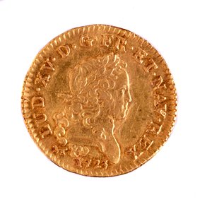 Luis de oro francés, reinado del rey Luis XV (1715-1774) 1723. Diámetro 2,3 cm Nápoles, museo arqueológico de French School