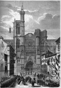 Arquitectura gótica: vista de la Catedral Notre Dame de Clermont Ferrand (Clermont-Ferrand), Puy de Dôme (63), durante la visita de Napoleón III y la Emperatriz Eugenia de Montijo en 1862. Grabado en "Le Monde Illustré" n°275 del 19 de julio de 1862 de French School