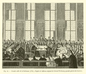Gran sala de la Sorbonne, 1732; según el cuadro original de Gerard Terbourg, gran galería del Louvre de French School