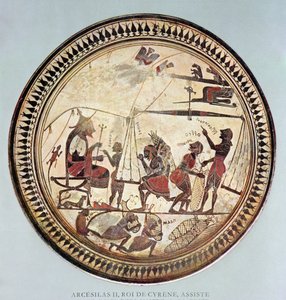 Copa griega que representa a Arcesilao II, Rey de Cirene (c.560-550 a.C.) observando el pesaje y carga de silfio, copia de un original del siglo VI a.C. de French School