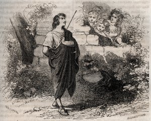 Mitología griega: Bacchis y sus amigos intentan seducir a Gyges, quien se niega y permanece fiel a su esposa fallecida. Grabado de 1871 en "Histoire Des Cocuses Celebres" de Henry de Kock (1819-1892) de French School