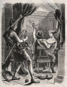 Mitología griega: “Este grito fue hecho por Paris”. Paris sorprende a Helena con Peritanus. Grabado de 1871 en “Histoire Des Cocuses Celebres” de Henry de Kock de French School