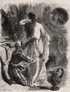 Mitología griega: el rey de Lidia Candaules muestra a su esposa desnuda a su confidente Gyges, quien se esconde en las sombras cuando ella se desviste en el dormitorio. Grabado de 1871 en "Histoire Des Cocus Celebres" de Henry de Kock (1819-1892) de French School