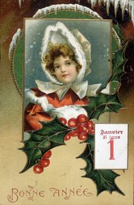 Tarjeta de felicitación: “Feliz Año Nuevo” (niña con acebo) - postal, principios del siglo XX