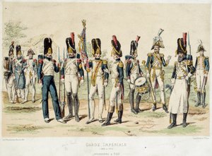 Granaderos a pie de la Guardia Imperial de Napoleón I (entre 1804 y 1814). Grabado del siglo XIX. París, Artes Decorativas de French School