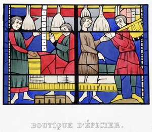 Tienda de comestibles. Facsímil de un vitral de la Edad Media en Historia de la pintura sobre vidrio por Ferdinand de Lasteyrie de French School