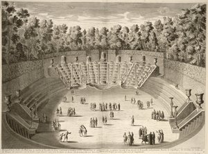 Arboleda de la Salle du Bal, Versalles, de Les Plans, Profils et Elevations des Ville et Chateau de Versailles, grabado por Lucas, publicado c.1715 de French School