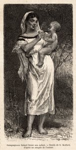 Mujer guaraní fumando el cigarro a su hijo, montado en su cadera, para tratar de calmar sus llantos, grabado después del dibujo de D.Maillart, ilustrando el viaje a Paraguay en 1872-1873, por L.Forgues, publicado en "Le tour du monde" 1874, editado por Edo
