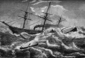 Guerra de Secesión o guerra civil americana (1861 - 1865): naufragio del "Monitor", acorazado del ejército federal, el 31 de diciembre de 1862, en Welmington (Carolina del Sur). Grabado en "Le Monde Illustre" n°304 del 7 de enero de 1863.