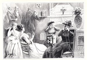 Huéspedes en un hotel de París escuchando retransmisiones directas de ópera o teatro en el Theatrophone de Marinovitch y Szarvady, de La Nature, publicado en 1892