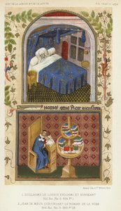 Guillaume de Lorris dormido y soñando, Jean de Meun continuando el Roman de la Rose de French School