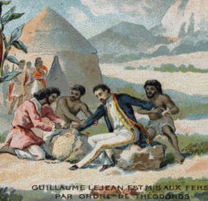 Guillaume Lejean, un explorador francés, fue encadenado por orden del emperador Theodoros de Abisinia (actual Etiopía). Cromolitografía del siglo XIX.