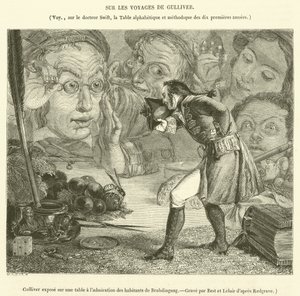 Gulliver expuesto sobre una mesa a la admiración de los habitantes de Brobdingnag de French School
