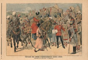 Habibullah Kahn (1872-1919) Emir de Afganistán llegando a Peshawar, India, ilustración de 
