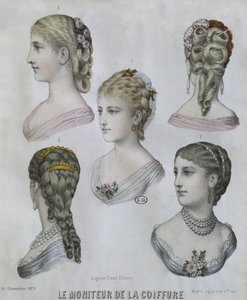 Peinados, ilustración de Le Moniteur de la Coiffure, 10 de diciembre de 1879 de French School