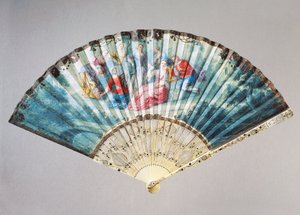 Abanico que representa danza y juego, cuero de cisne con varilla de guardia de marfil incrustada con nácar