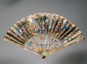 Abanico de mano con alegorías de las cuatro estaciones, hoja de piel de cabra y costillas de nácar de French School