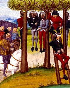 Ahorcamiento de campesinos en 1422, ilustración de "Las Crónicas de Monstrelet". de French School