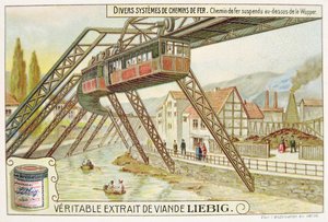 Tren colgante en el río Wupper, tarjeta publicitaria promocional para Veritable Extrait de Viande Liebig de French School