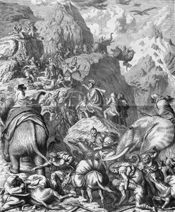 Aníbal cruzando los Alpes con elefantes para llegar a Italia (II Guerra Púnica). Grabado del siglo XIX de French School