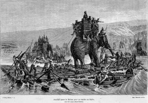 Aníbal pasa el Ródano hacia Italia (año 218 a.C.) - en "Francia y los franceses a través de los siglos" de French School