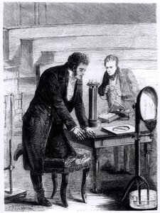 Hans Christian Oersted descubriendo la desviación de la aguja magnética por corriente cerrada en 1820, de Las maravillas de la ciencia por Louis Figuier, 1867 de French School