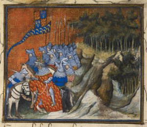 Harley 1319 f. 5, el rey Ricardo II nombró caballero a Enrique de Monmouth durante la campaña de Irlanda, del Libro de la captura y muerte del rey Ricardo II (vitela) de French School