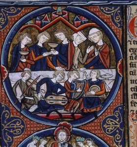 Harley 1527 fol.36v Banquete con músicos, de la 