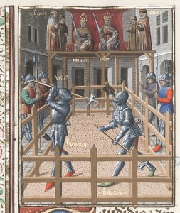 Harley 4375 f.171v, Dos caballeros luchando con pollaxes, de 