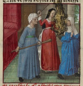 Harley 4425 fol.81v Miniatura de Beaute (Belleza) y Laideur (Fealdad) luchando contra Chastete (Castidad) del Roman de la Rose, c.1490-1500 (vitela) de French School