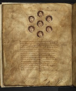 Harley 647, f.4v Ilustración de los rostros de las Pléyades, siete hermanas que vivían en los cielos como estrellas, con sus nombres inscritos a su alrededor, de 