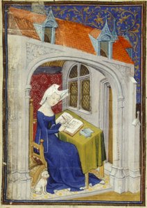 Harley MS 4431 f.004r Detalle de una miniatura de Christine de Pizan en su estudio al comienzo de las 