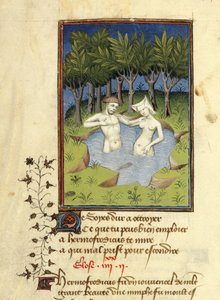 Harley MS 4431, f.132v, Miniatura de Hermaphroditus y la ninfa Salmacis bañándose en un lago, de 