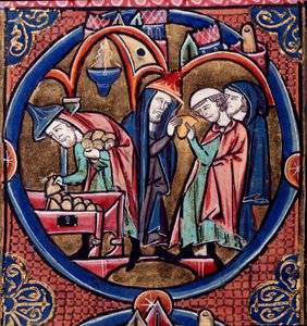 Harley Ms.1526 fol.27 Menelao entrega el dinero del tributo a Antíoco, rey de Siria, y se asegura el Sumo Sacerdocio con el soborno, finales del siglo XIII (vitela) de French School