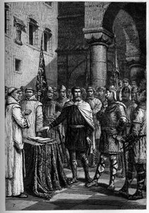 Harold, rey de los ingleses, jura lealtad a Guillermo, Duque de Normandía (Guillermo I) - Harold II (1020-1066) último rey anglosajón coronado en 1064, jurando sobre las reliquias sagradas ante Guillermo I el Conquistador para apoyar su causa en el trono d de French School