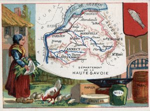 Haute Savoie (Alta Saboya, 74), Ródano Alpes, Francia. Especialidad local: papel, gruyere, miel, tabaco y altos hornos. Serie sobre los Departamentos Franceses. Cromolitografía “el hilo geográfico”, circa 1920. Colección privada de French School