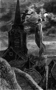 Apareció en el campanario de la iglesia. Grabado que ilustra la novela "Fuego y Llama" de Zenaide Fleuriot. En "Le Journal de la jeunesse" de French School