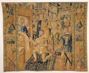 Enrique III (1551-89) de Valois entregando las insignias de poder a Enrique III (1553-1610) de Borbón de French School