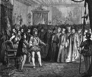 Enrique IV ante la asamblea de notables en Rouen. En "Historia Popular de Francia", circa 1885. Grabado. de French School